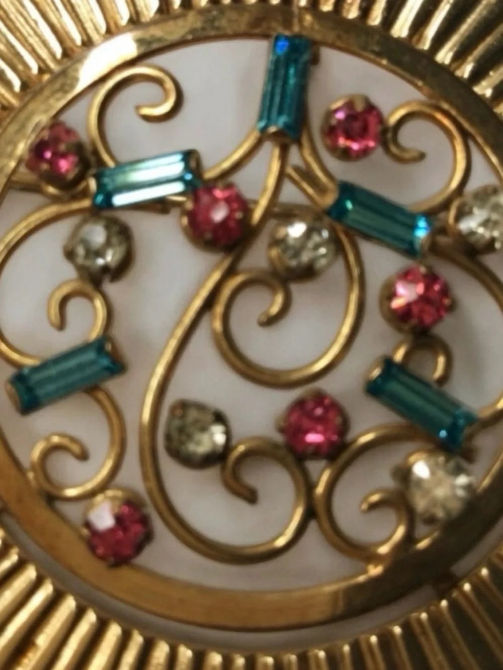 Vintage REGEL 12K GF Filigree Brooch – Multicolor Baguettes & Rhinestones